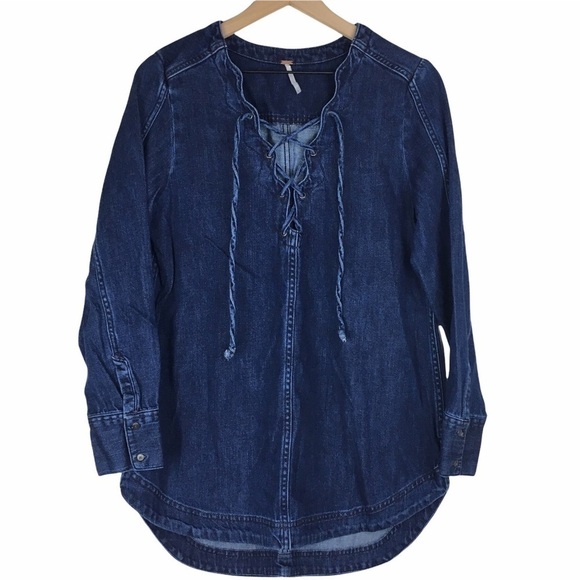 FREE PEOPLE Denim Tunic Top Jean Dress Neapolitan Dreams Lace Up Long Sleeve S - Picture 1 of 13